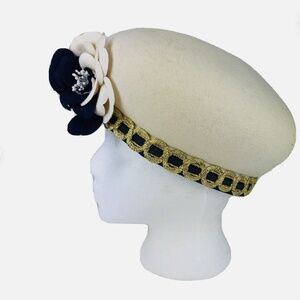 Adolfo II New York Paris 100% Wool Hat Cream with Navy Flowers & Ribbon Detail